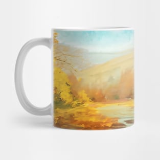 Romantic autumn landscape with a river surrounded by leaves from trees Mug